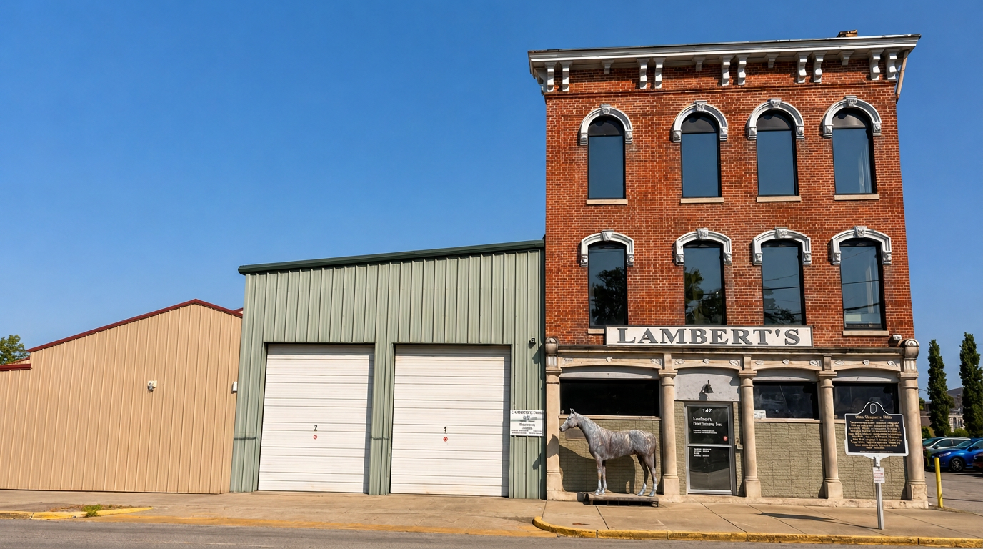 The Lambert's Distributors storefront sign on the historic brick building
